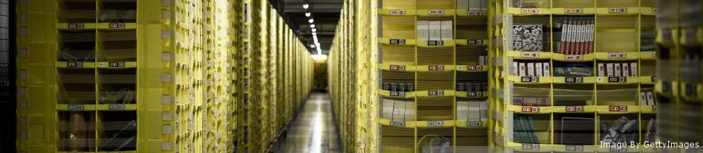 Shelves with packages in Amazon fulfilment center